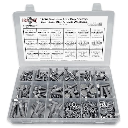 Boltsandnuts.Com Metric A2 Stainless Steel Hex Cap Screws, Hex Nuts, Flat & Lock Washers - 341 PCS Assortment Kit #212